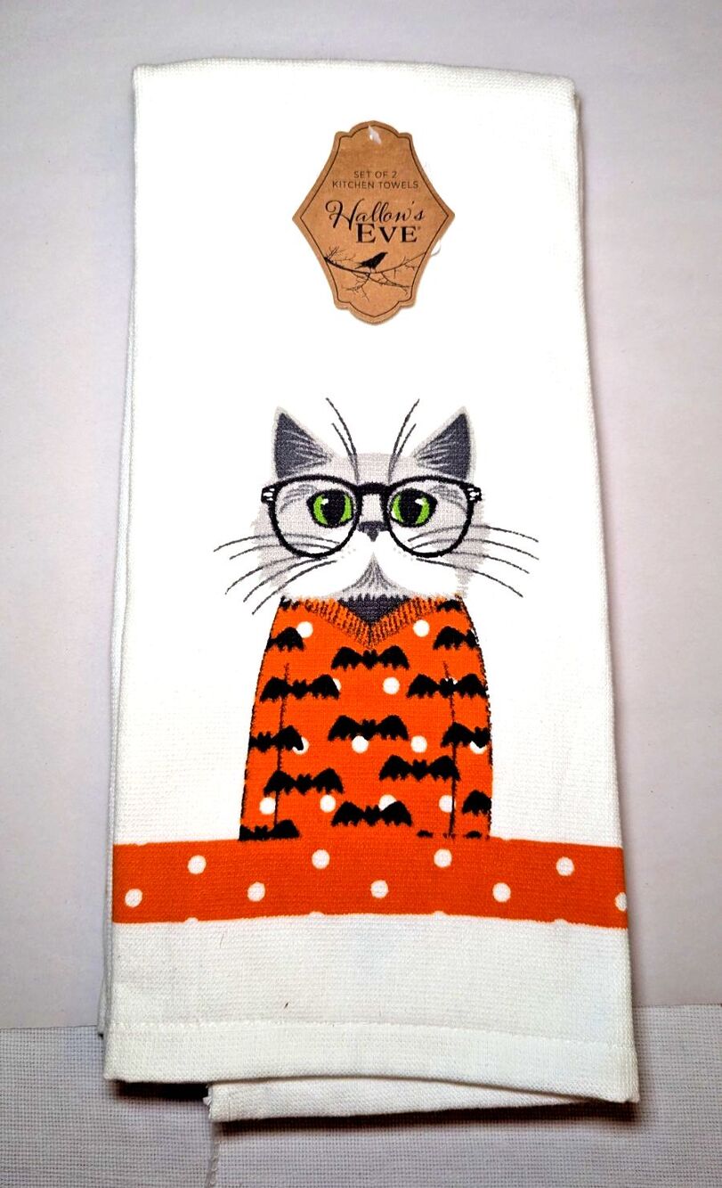Hallow's Eve Kitchen Towels Cat In Bat Sweater Halloween Thick Cotton 26 x 19-in